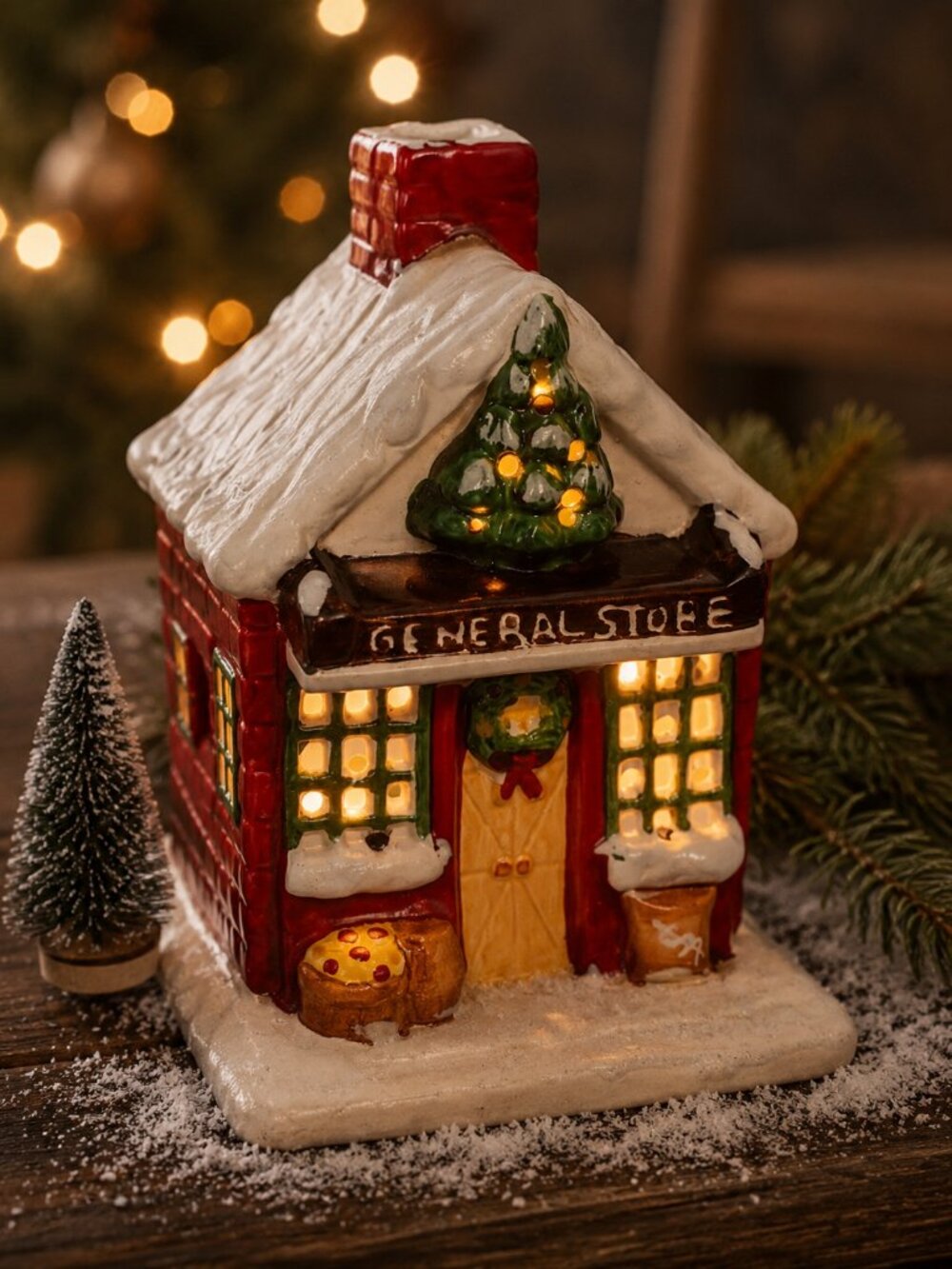 Vintage Christmas Village Tealight Holder – “GENERAL STORE” Ceramic Cottage